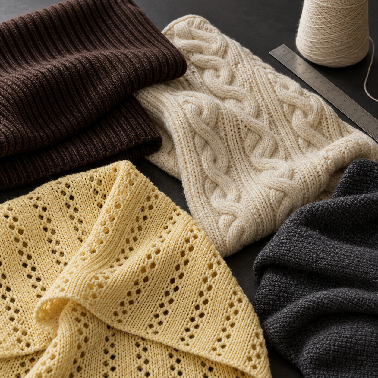 Premium cable, rib and open-stitch knitwear samples in espresso, ivory, butter yellow and charcoal